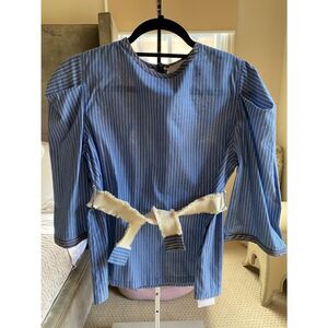 Striped Blue Puff-Sleeve Blouse - Women's